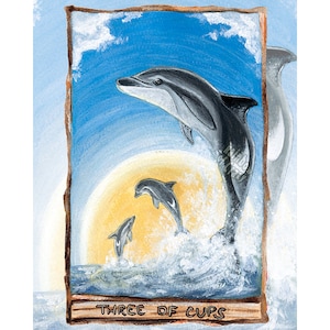 Dolphin Print, Three of Cups Tarot Card, Dolphin Lover, Sun Wall Art, Animism Tarot Deck, Nautical Decor, Friendship Gift for Tarot Reader Tarot Border