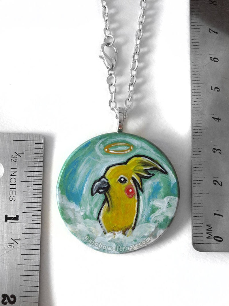 Hand Painted Wood Pendant Pet Memorial Angel Art Yellow Bird Jewelry Cockatiel Necklace Pet Loss Animal Lover Keepsake Gift for Her