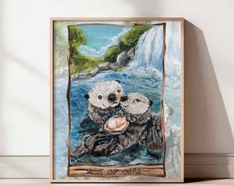 Otter Art Print, Ace of Cups Tarot Card, Waterfall Nature Decor