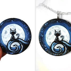 Black Cat Necklace, Full Moon Circle Pendant, Pet Painting, Hand Painted Wood Art, Memorial Gift for Pet Owner, Starry Night Sky image 1