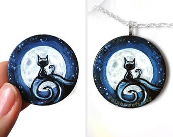 Black Cat Necklace, Full Moon Circle Pendant, Pet Painting, Hand Painted Wood Art, Memorial Gift for Pet Owner, Starry Night Sky