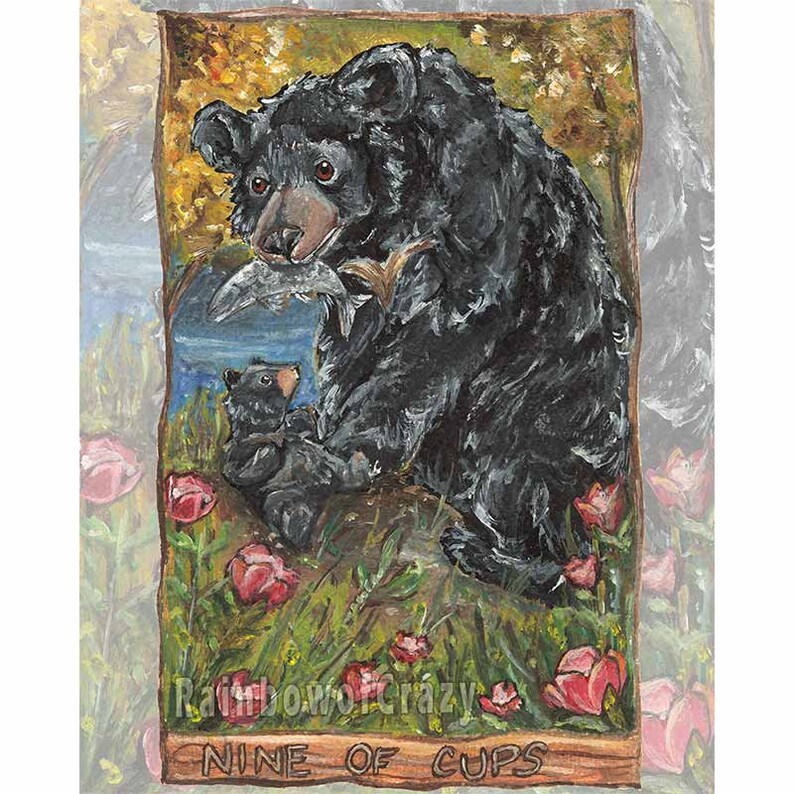 Black Bear Print, Wine Cup Flower Art, Nine of Cups Card, Animism Tarot Deck, Family Portrait, Mom & Baby, Tarot Reader Gift, Wildlife Decor Tarot Border