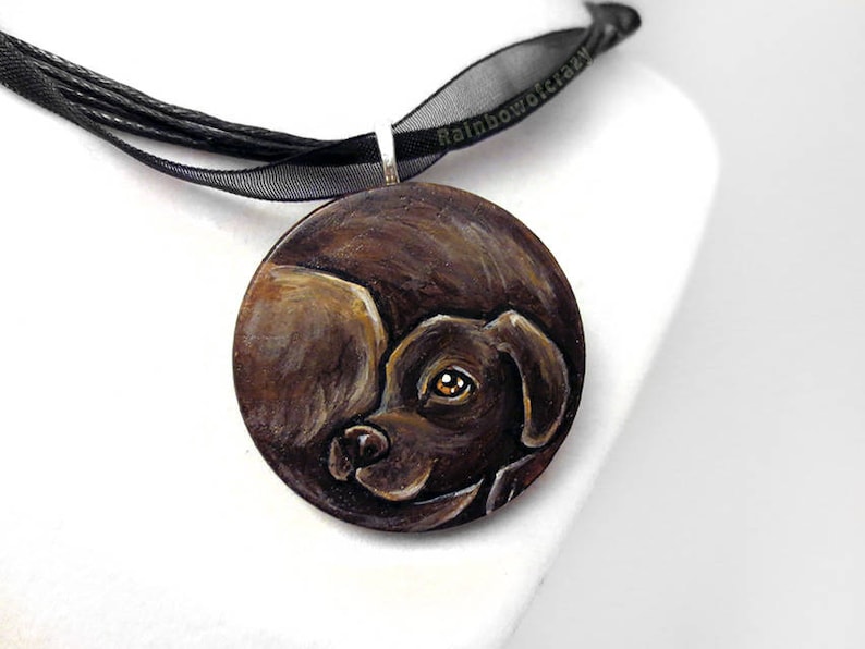 Personalized Pet Necklace, Custom Pet Portrait, Hand Painted Wood Jewelry, Animal Art, Gift for Her, Cat Nap, Dog Painting, Circle Pendant image 5