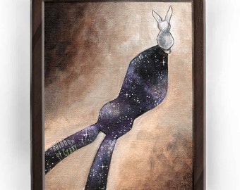 White rabbit art, galaxy print, memorial gift for pet owner, surreal decor, shadow artwork, star lover, nursery decor, kids room art