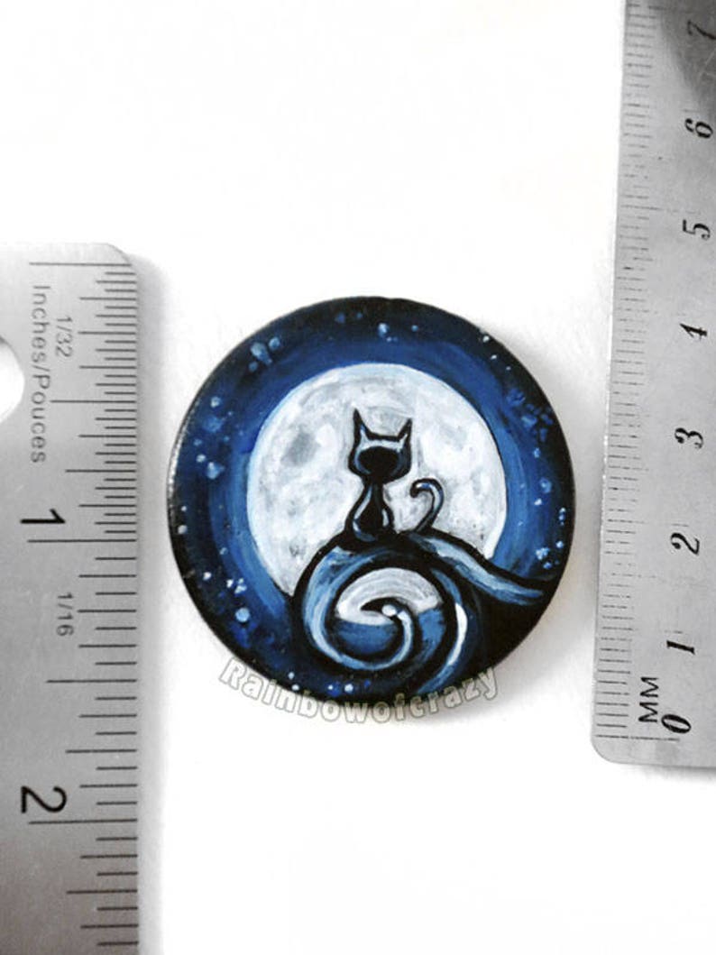 Black Cat Necklace, Full Moon Circle Pendant, Pet Painting, Hand Painted Wood Art, Memorial Gift for Pet Owner, Starry Night Sky image 4