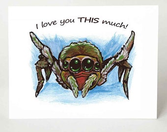 Cute Spider Card, Valentines Day, I Love You THIS Much, Funny Card, Personalized Message, Custom Text, Anniversary Card, Itsy Bitsy