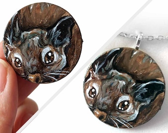 Degu Necklace, Wood Pendant, Keepsake Gift for Animal Lover, Pet Owner, Wildlife Painting, Present for Kids, Costume Jewelry