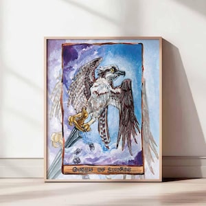 an art print of the queen of swords tarot card, from the animism tarot: an osprey stands on top of a sword, above the clouds, while tiny butterflies fly at her feet