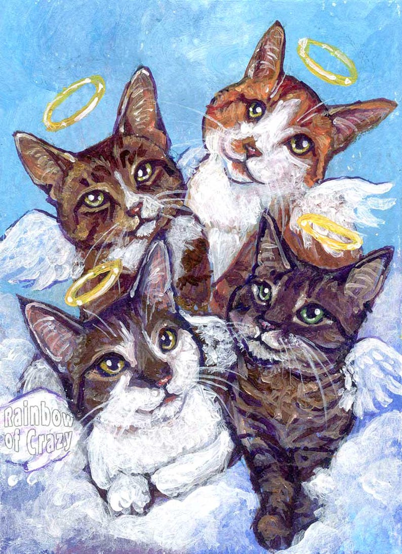 May include: An acrylic painting of four cats with angel wings and halos, set against a blue sky background. The cats have various markings, including brown, white, and tabby patterns. The text "Rainbow of Crazy" is visible.