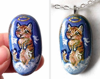 Cat Necklace, Munchkin Cat Painting, Orange Tabby Pendant, Pet Portrait, Rock Art, Angel Keepsake, Sympathy Gift for Cat Owner, Cat Loss