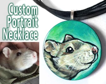 Custom Pet Necklace, Circle Pendant, Rat Portrait, Dog Painting, Cat Keepsake, Wood Art, Bird Keepsake, Sympathy Gift for Pet Owners