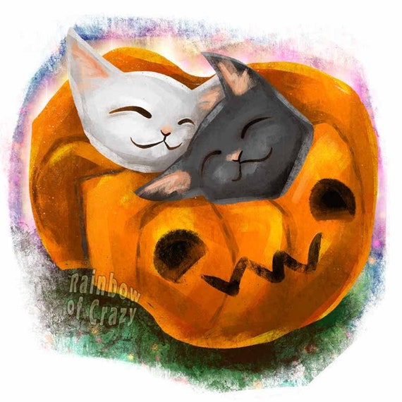 Cat Art, Jack O'lantern Print, Halloween Decor, Pet Portrait