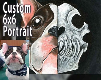 Custom Painting, Pet Portrait, Skull Art, 6x6" Canvas Board, Dog Artwork, Memorial Gift for Cat Owners, Animal Lovers, Gothic Decor