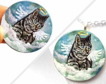 Tabby cat necklace, angel pendant, pet keepsake, wood art, memorial gift for animal lover, sympathy present, portrait jewelry