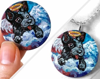 Australian Cattle Dog Necklace, Pet Portrait, Circle Pendant, Hand Painted Wood Art, Angel Painting, Memorial Gift for Pet Owner