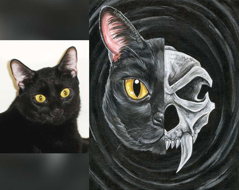 Skull Portrait, Custom Pet Painting, Skeleton Art, 5x7 Canvas, Sympathy Gift for Dog Owner, Cat Artwork, Gothic Decor, Life & Death image 2