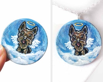 Yorkie Necklace, Yorkshire Terrier, Angel Dog Art, Pet Portrait, Wood Pendant, Memorial Gift for Pet Owners, Animal Lovers