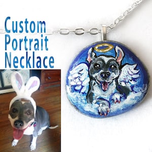 Custom Pet Jewelry, Angel Pet Necklace, Charm Pendant, Personalized Keepsake, Hand Painted Rock, Pet Memorial, Cat Painting, Dog Portrait image 1