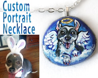 Custom Pet Jewelry, Angel Pet Necklace, Charm Pendant, Personalized Keepsake, Hand Painted Rock, Pet Memorial, Cat Painting, Dog Portrait