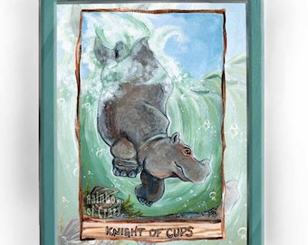Hippo Art Print, Knight of Cups, Oyster Decor, Hippopotamus Gift, Nautical Decor, Animism Tarot Gift, Animal Lover. Ocean Wall Art