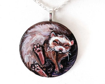 Ferret Art, Memorial Gift for Pet Owner, Wood Painting - Necklace, Magnet or Keepsake