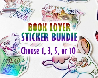 Book Lover Sticker Bundle, Choose Your Own Cat & Rabbit Holographic Vinyl Stickers