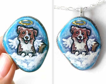 Dog Necklace, Australian Shepherd, Memorial Pendant, Pet Painting, Angel Keepsake, Sympathy Gift, Rock Art, In Memory, Animal Portrait