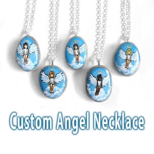 Custom Angel Necklace, Portrait Painting, Memorial Jewelry, River Pebble, Guardian Angel Pendant, Personalized Gift for Her, Rock Art