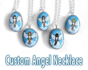 Custom Angel Necklace, Portrait Painting, Memorial Jewelry, River Pebble, Guardian Angel Pendant, Personalized Gift for Her, Rock Art