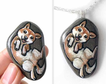 Shiba Inu Necklace, Dog Rock Art, New Pet Portrait, Memorial Gift for Animal Lover, Sympathy Present, Beach Stone Pendant, Dog Belly