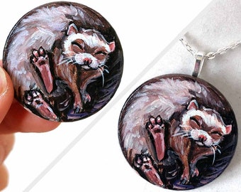 Ferret Necklace, Pet Portrait, Memorial Art, Painting from Photo, Hand Painted Wood Pendant, In Memory, Keepsake Gift, Sleeping Animal Lover