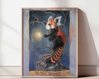 Red Panda Art, Firefly Print, Hermit Tarot Card, Wildlife Decor for Nature Lover