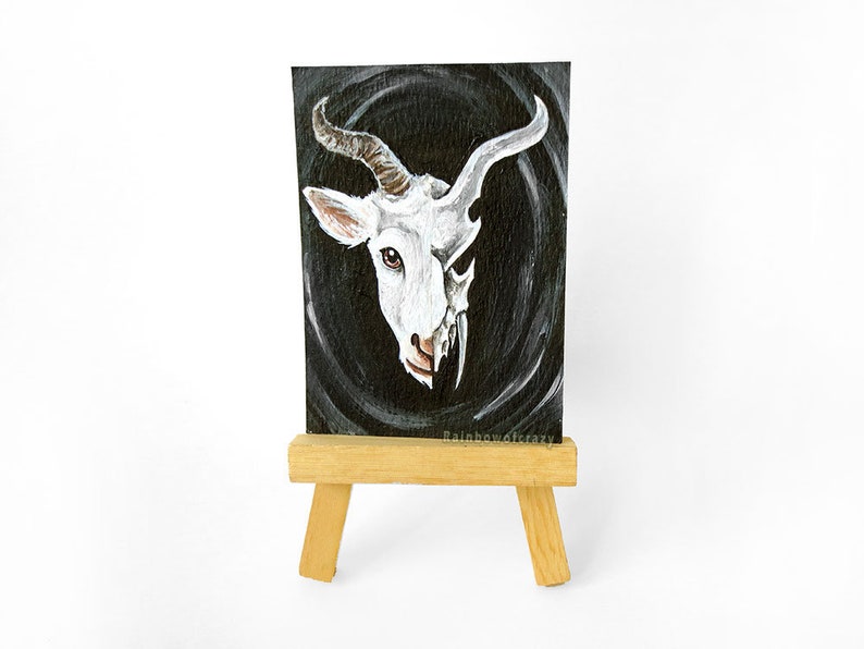 Goat Skull Art Aceo Original Painting Rustic Decor Fantasy Artwork Goth Style Unique Gift Idea Gothic Decor Animal Skeleton Artist Trading Cards Art Collectibles Delage Com Br