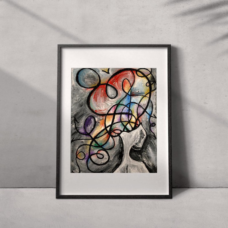A surrealist art print on mental health, titled "Secret Anxiety", with a person's head opening up to crazy swirls of lines and rainbow colours taking over the entire image.