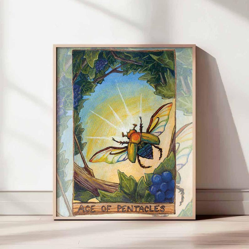 The Ace of Pentacles from the Animism Tarot: a rainbow coloured scarab beetle flies off fr a tree with the sun shining from behind.