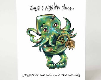 Cthulhu card, i love you greeting, romantic notecard for fantasy lover, flower note, blank inside, happy anniversary, valentines day
