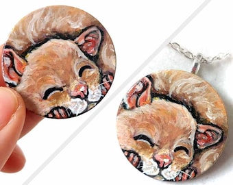 Sleeping Hamster Necklace, Circle Pendant, Pet Painting, Wood Art, Memorial Keepsake, Animal Portrait, Sympathy Gift