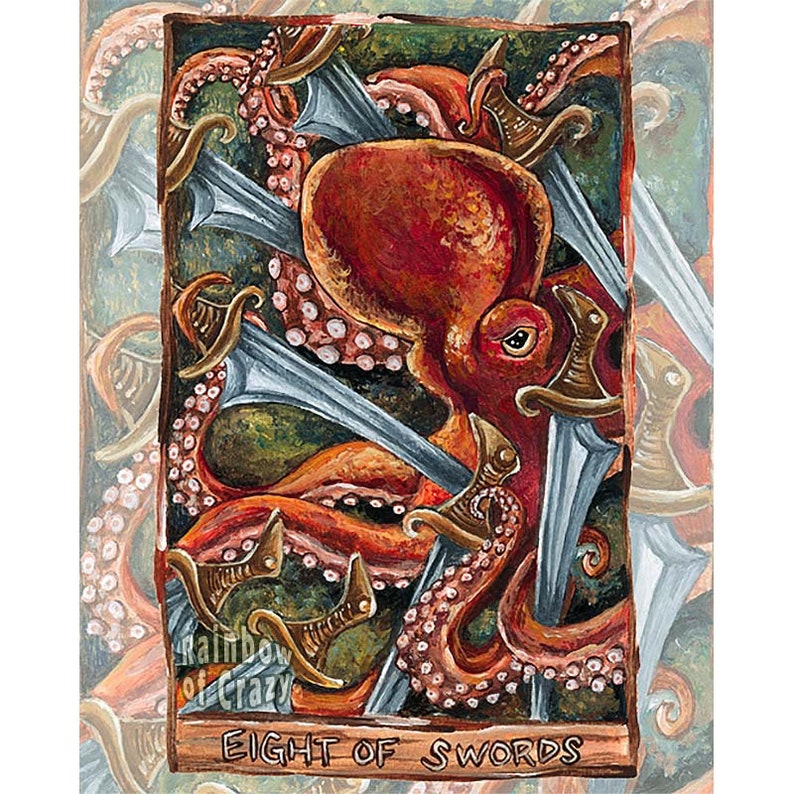 Op de afbeelding: Een tarotkaart-illustratie die de Acht van Zwaarden voorstelt. De kaart toont een rode octopus die gevangen zit in een cirkel van zwaarden, wat het gevoel van gevangenschap of beperking symboliseert.