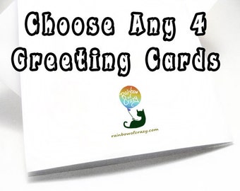 SALE: Set of 4 Greeting Cards, Your Choice, Any Card, Custom Listing, Choose Your Own Cards, Blank Card, Birthday Card, Thank You Card