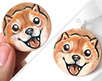 Dog necklace, shiba inu, wood pendant, pet portrait, memorial gift for animal lover, kids accessory, circle jewelry, sympathy painting