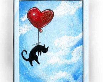 Black Cat Print, Pet Art, Heart Balloon, Nursery Decor, Blue Sky Artwork, Memorial Gift, Animal Illustration, Childrens Room Decoration