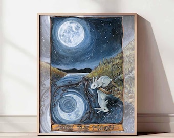 Decorazioni lunari, stampa con coniglio bianco, arte della luna piena, notte stellata, amanti dei coniglietti, carta dei tarocchi animista