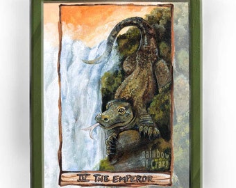 Komodo Dragon, Lizard Art, Waterfall Print, Emperor Tarot Card, Large Wall Art, Animal Illustration, Animism Tarot Deck, Nature Lover Gift