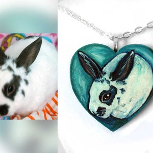 Custom Pet Necklace, Heart Pendant, Rabbit Portrait, Wood Art, Cat Painting, Dog Artwork, Bird Memorial, Gift for Hamster Owner image 4