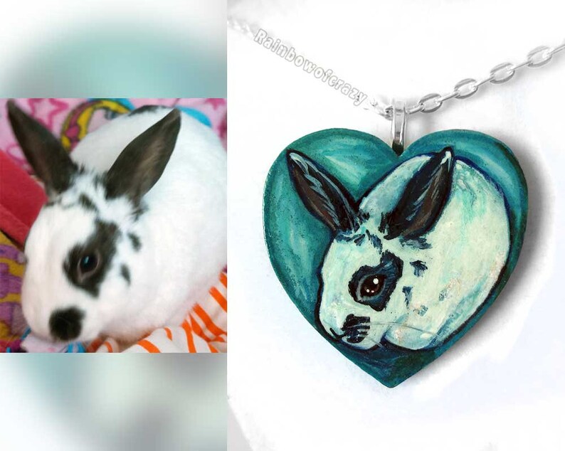 Custom Pet Necklace, Heart Pendant, Rabbit Portrait, Wood Art, Cat Painting, Dog Artwork, Bird Memorial, Gift for Hamster Owner image 4