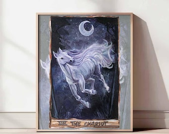 White Horse Chariot Tarot Card Print, Purple Moon Equine Decor