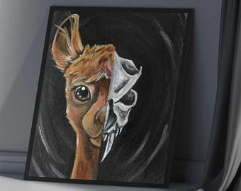 Stampa artistica con teschio di lama, regalo gotico per amanti degli animali, decorazione di Halloween