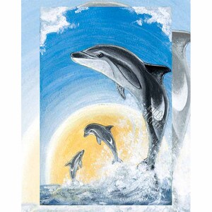 Dolphin Print, Three of Cups Tarot Card, Dolphin Lover, Sun Wall Art, Animism Tarot Deck, Nautical Decor, Friendship Gift for Tarot Reader No Tarot Border