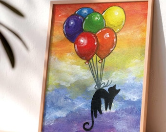 Black Cat Print, Balloon Art, Rainbow Decor for Animal Lover, Colourful Nursery