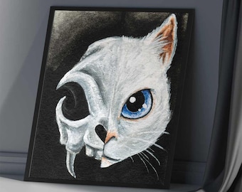 White Cat Skull, Goth Print, Animal Art, Taxidermy Decor, Skeleton